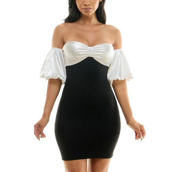 City Studios Juniors' Off-the-Shoulder Bodycon Mini Dress, Ivory/Black, Size 3/4 - Picture 1 of 4